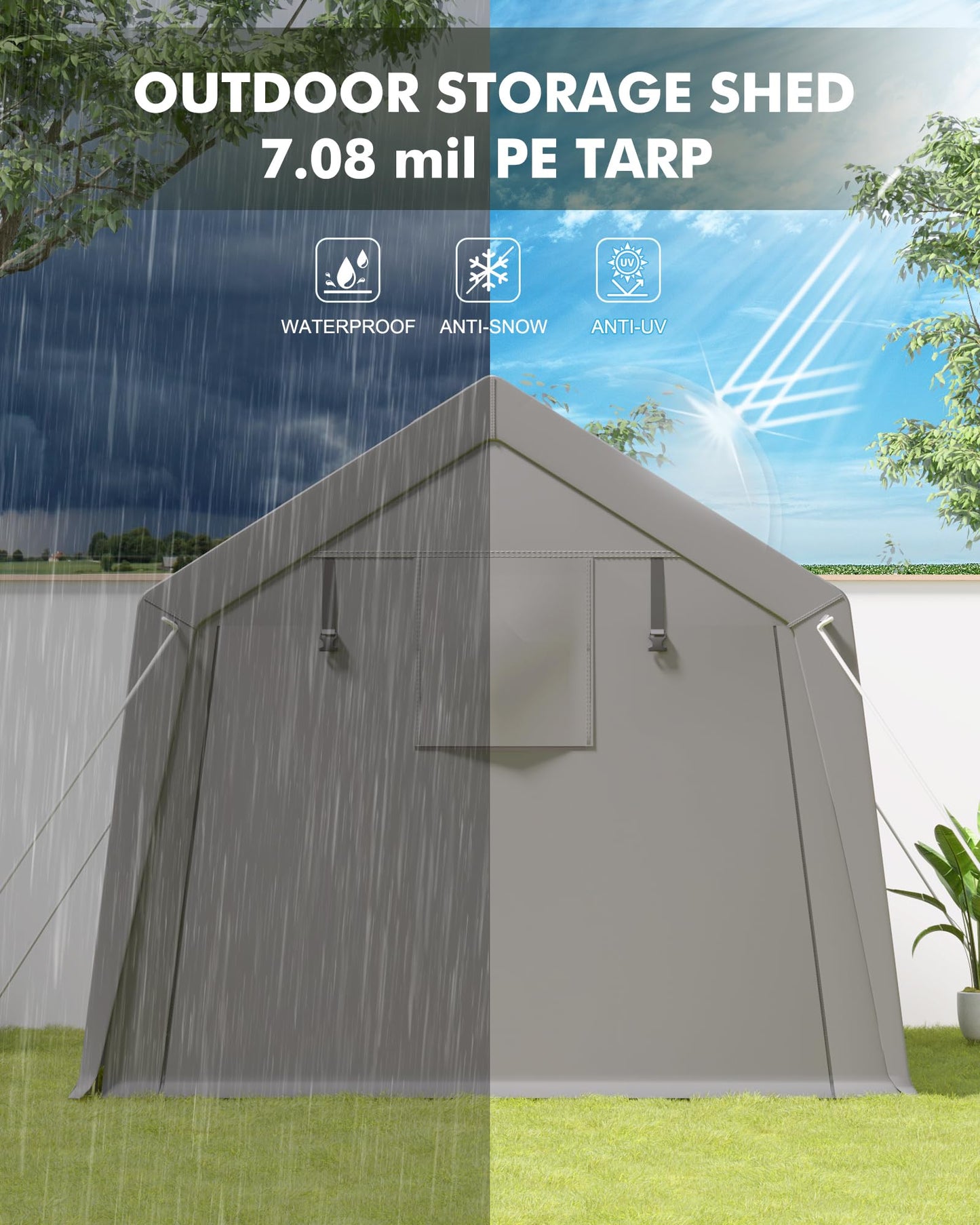 7 x 12 ft Carport Storage Shed, Portable Garage with Roll-up Zipper Door, Heavy Duty Waterproof Tarp, Storage for Motorcycle, Bike, Firewood, Garden Tools