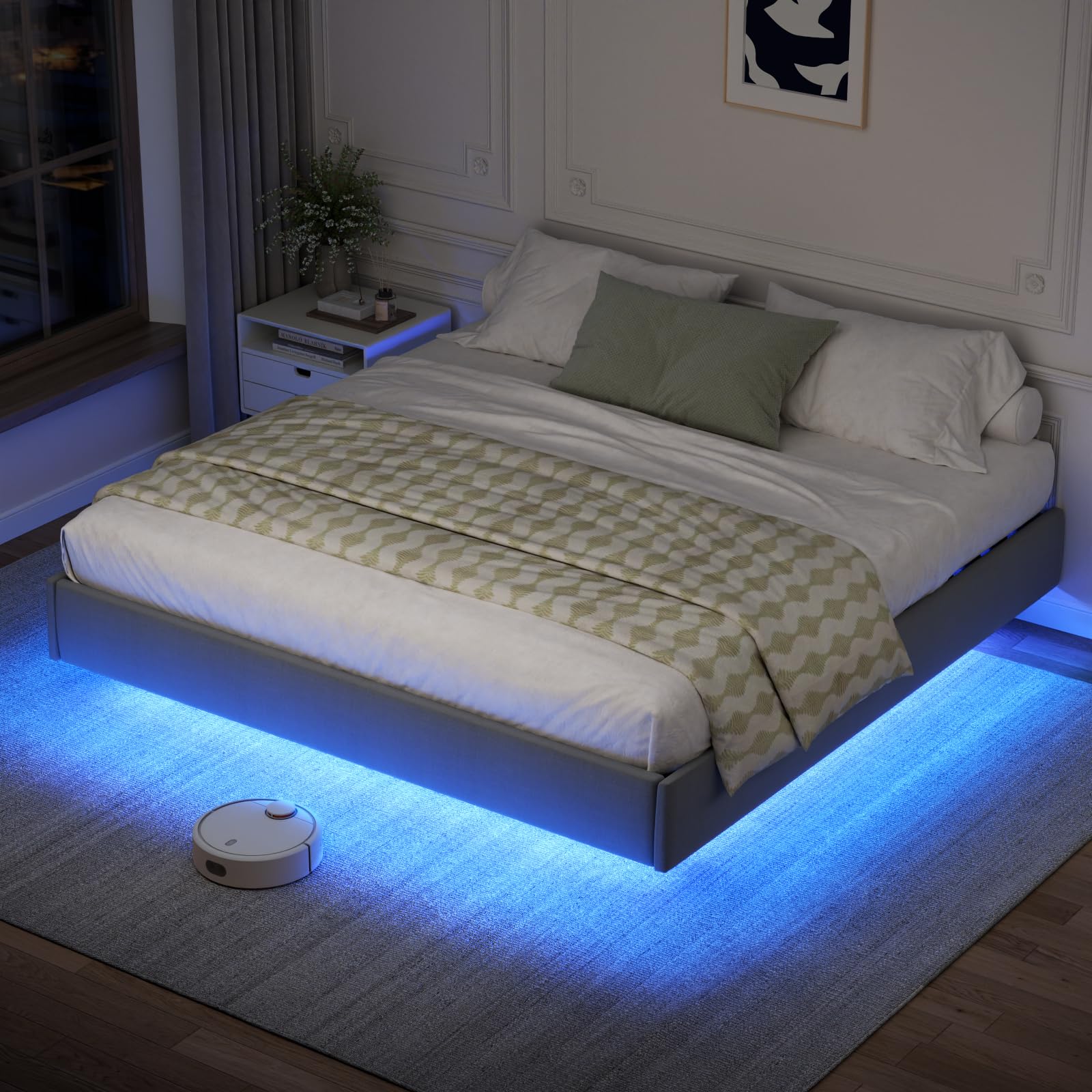 Auromie King Floating Lift Up Bed Frame with LED Lights and Hydraulic Storage - WoodArtSupply