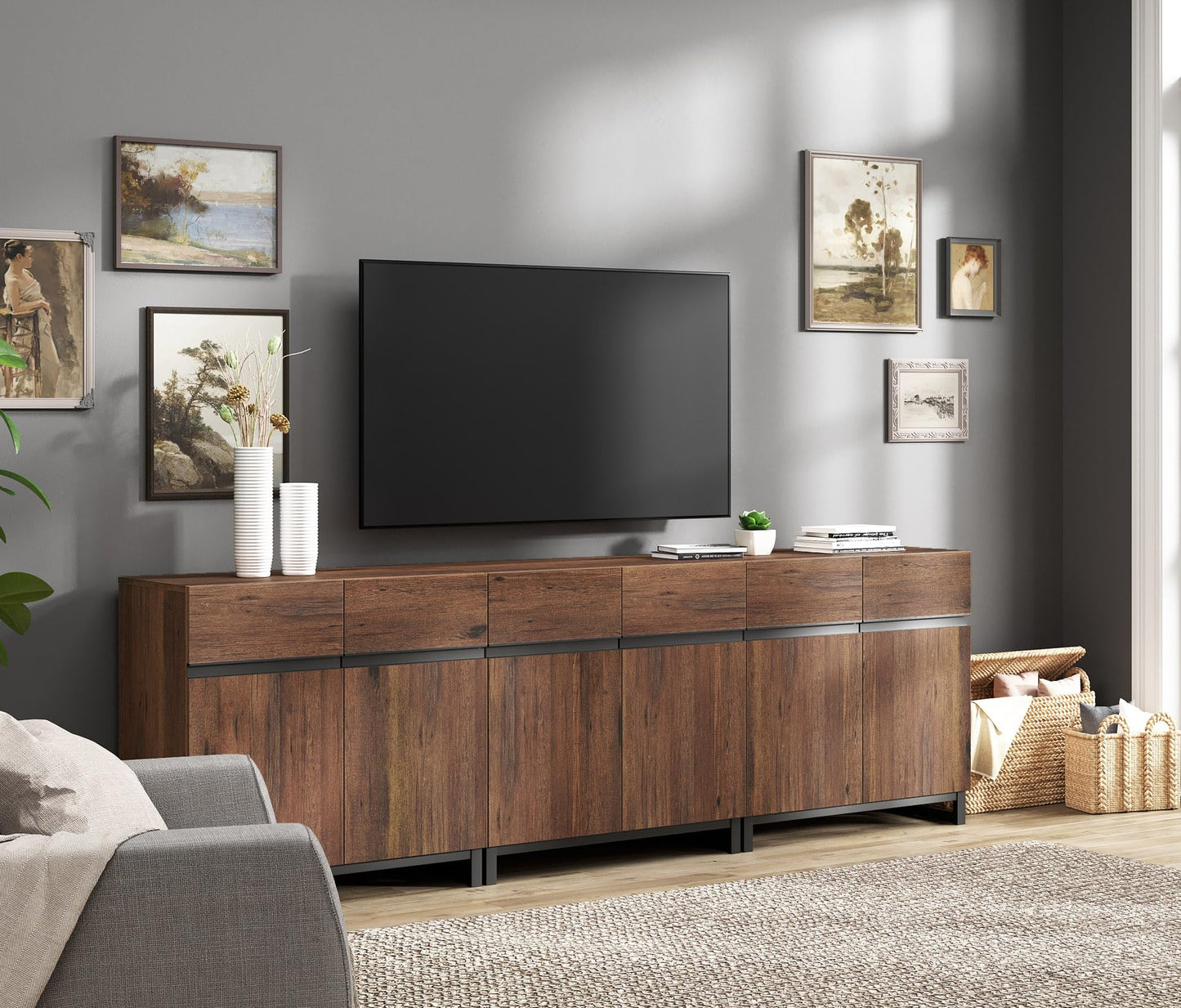 WAMPAT Modern TV Stand for TVs up to 100 inch, 3 in 1 Entertainment Center TV Console with Adjustable Shelves and Metal Base for Living Room,Bedroom,Brown