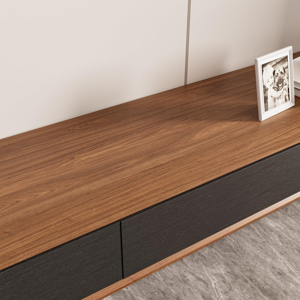 POVISON Modern TV Stand, Media Console with 4 Drawers, Soild Wood Entertainment Center for 75+ 90 Inch TV, Fully-Assembled, Black & Walnut Veneer, 94.5” POVISON