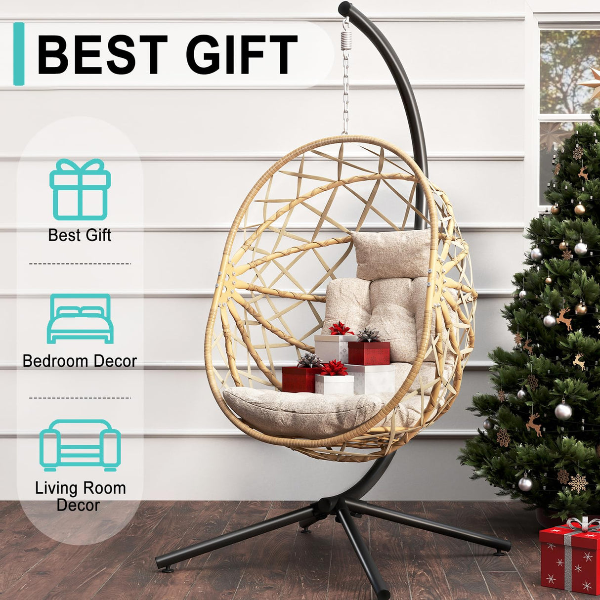 SWITTE Hanging Egg Chair with Stand, Outdoor Egg Swing Chair with Stand, Indoor Wicker Hammock Chair with Cushion for Patio, Garden-Cream SWITTE