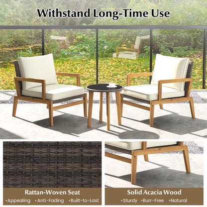 Tangkula 3 Piece Patio Chair Set, Wicker Chair & Side Table Set with Soft Cushions & Tempered Glass Tabletop, Solid Wood Support, Outdoor Rattan Furniture Set for Porch, Backyard, Poolside - WoodArtSupply