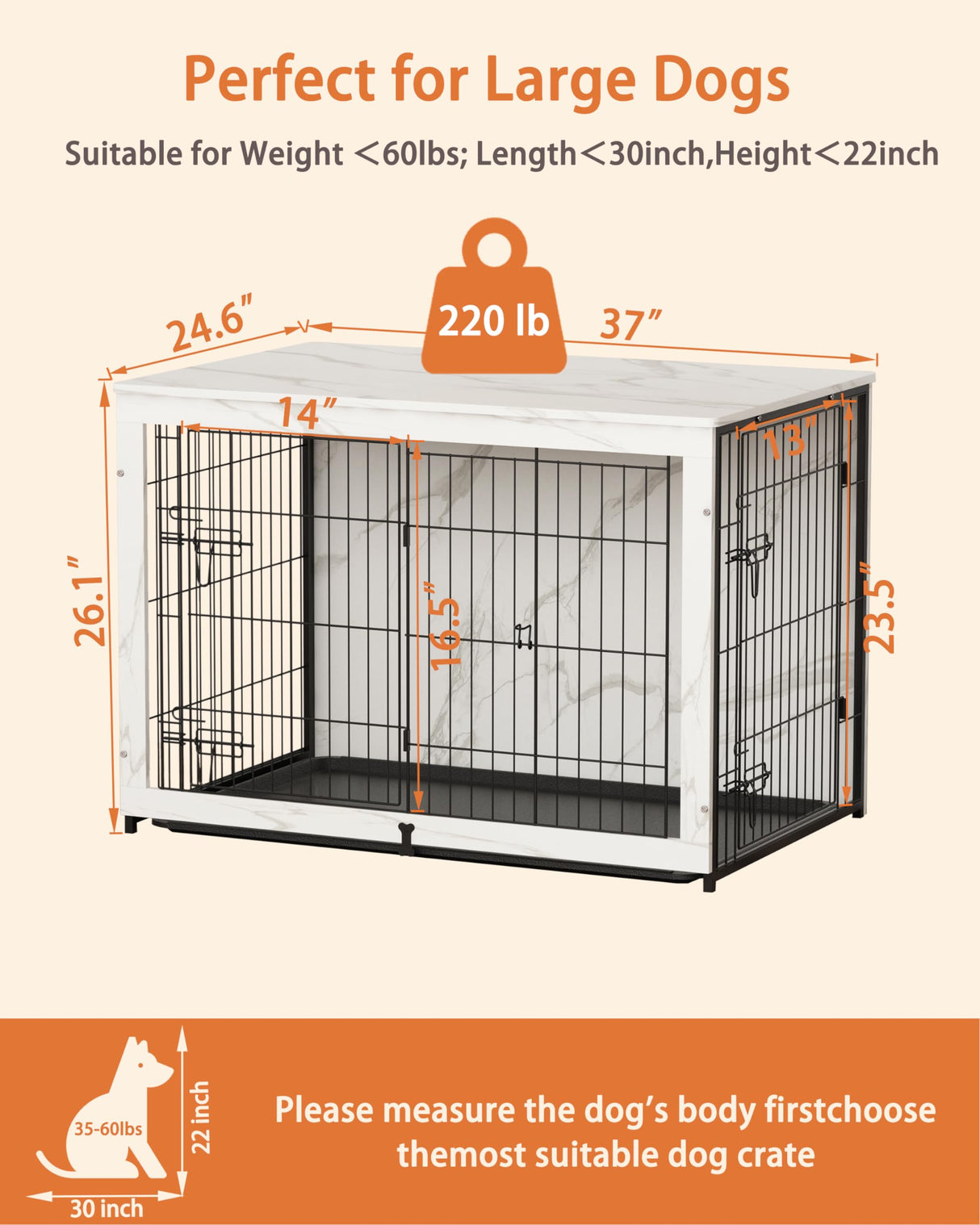 Megidok Wooden Dog Crate Furniture with Cushion,Large Dog Crate End Table with Tray, Double Doors Kennels Indoor (37" L*25" W*26" H, Marble White) Megidok
