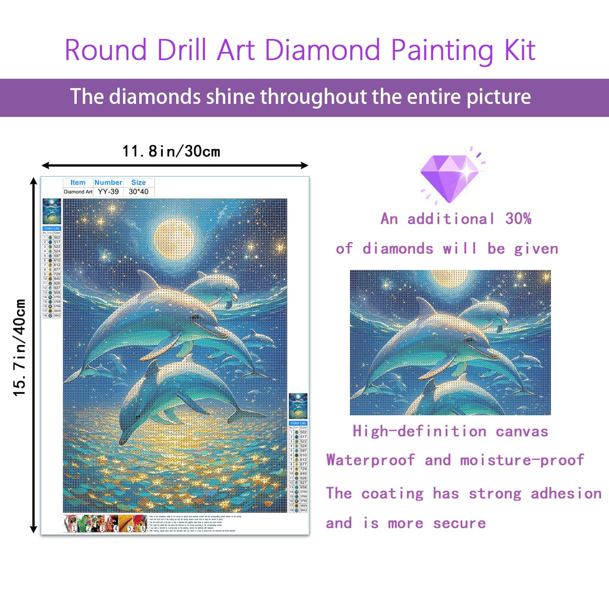 Dolphin 5D Diamond Painting Kit for Adults，Moonlit Ocean Full Drill DIY Round Gem Art Diamond Art Kits Painting Crafts Ideal for Beginners and Home Wall Decor 12X16inch PUSHPIN PAINTING