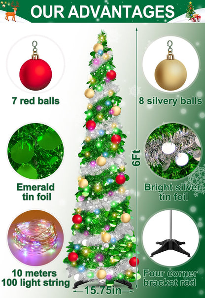 6 Ft Tinsel Christmas Trees - Artificial Christmas Tree ，Collapsible with Timer 100 Lights 15 Balls, Tinsel Pencil Christmas Tree Christmas Decorations for Home Bedroom Fireplace(Green Silver)