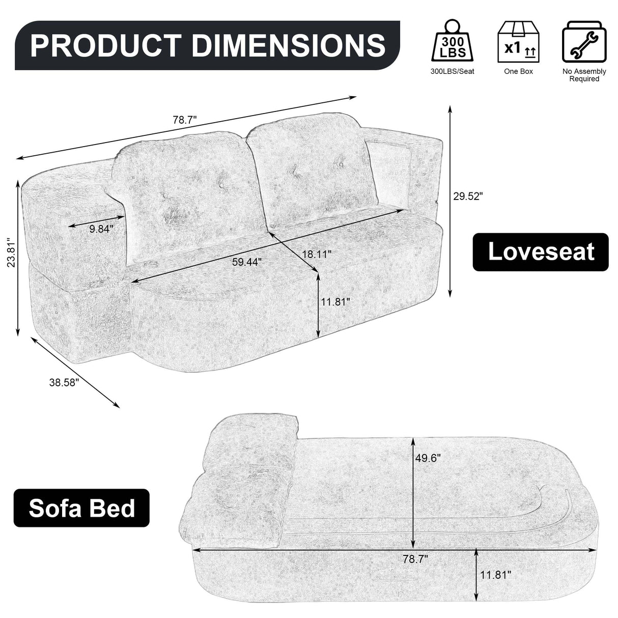 Tmsan 78.7" W Boneless Cloud Loveseat Sofa, 2 in 1 Convertible Floor Folding Couch Bed, No Assembly Compressed Foam Lounge Sofa Sleeper for Dorm Apartment Office Bedroom Living Room Small Spaces Tmsan
