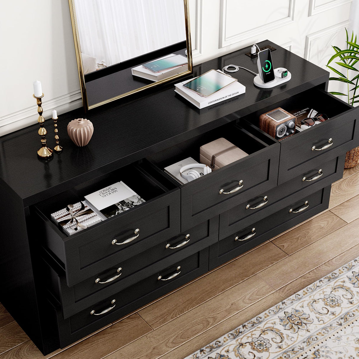 DWVO Farmhouse 7 Drawer Dresser for Bedroom, Large Modern Dresser TV Stand with Large Drawers & Bar Handles, Storage Dressers with Power Outlets, Rustic Wood Chest of Drawers, Black DWVO