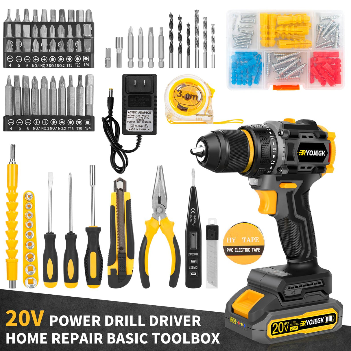 Compact Brushless Power Drill Set,60N.m Cordless Drill Tool Box with 2 Battery & 3/8”Keyless Metal Self-locking Chuck,138Pcs Men Handheld Tool Drill Set,Taladro Inalámbrico for Home Repair Set Drill RYOJEGK