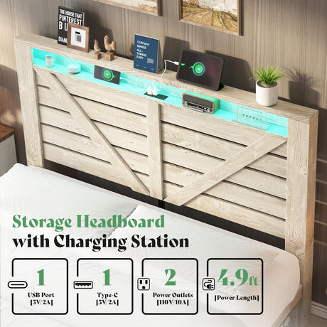 AMERLIFE Farmhouse Bed Frame with 4 Drawers & 4 Open Storage Space, Queen Size Storage Bed with LED Light & Charging Station, Wooden Slats, Noise Free, Rustic White AMERLIFE
