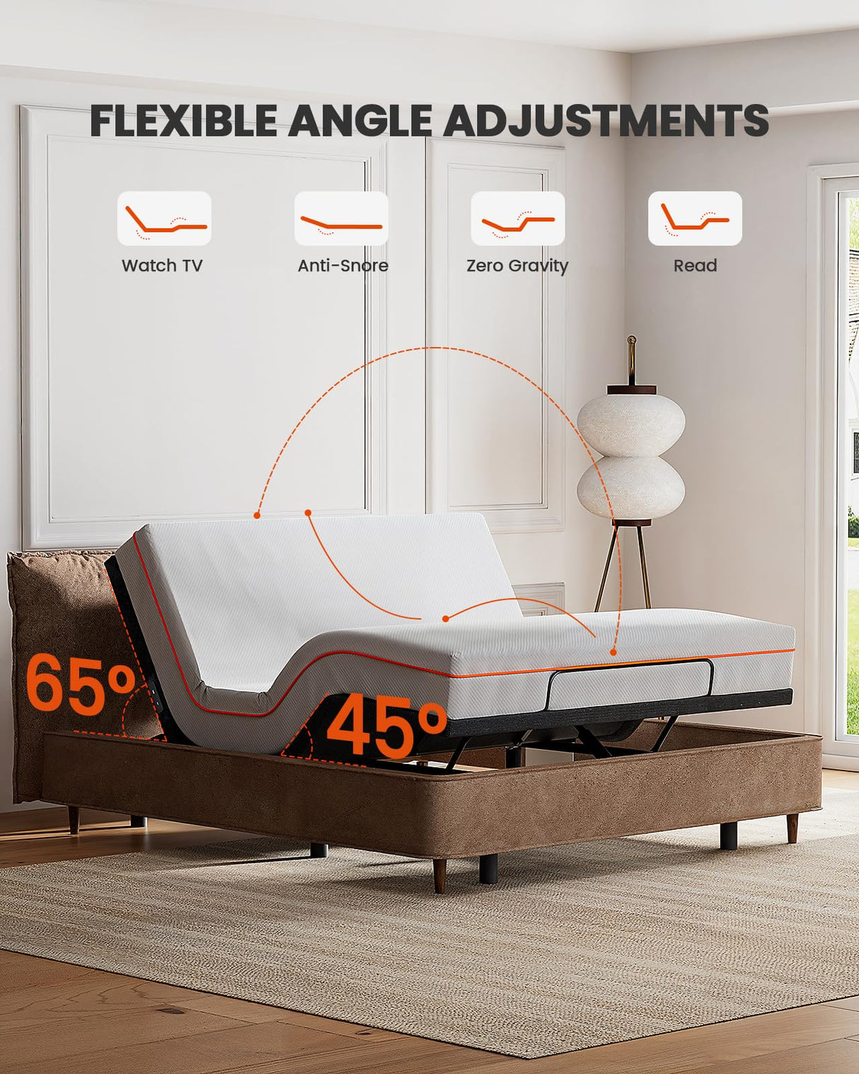 Amada Queen Adjustable Bed Frame with Massage, Head & Foot Incline, Wireless Remote, 4 Built-in USB Ports, LED Night Light, 4 Height-Adjustable Legs, Electric Bed Base, 01B-Q1 AMADA HOMEFURNISHING