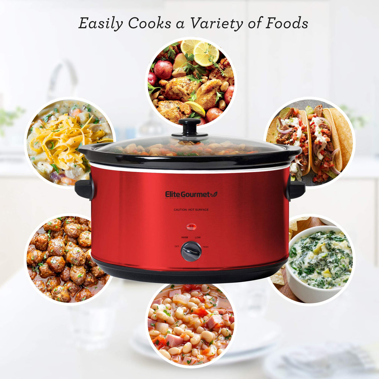 Elite Gourmet MST-900RXT# Electric Ceramic XL Jumbo Slow Cooker, Adjustable Temp, Entrees, Sauces, Stews & Dips, Dishwasher Safe Glass Lid & Crock, 8.5Qt, MetallicRed Elite Gourmet