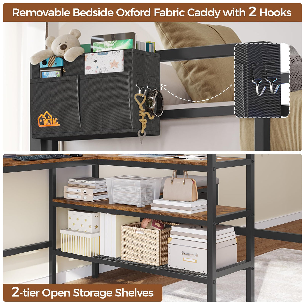 DICTAC Twin Loft Bed with L-Shaped Desk and Charging Station Twin Size Metal Bed Frame with LED Lights,Storage Shelves and Coat Rack with 2 Storage Drawers,Top Bunk with Safety Guard & Stair, Black DICTAC