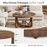 Tribesigns Round Coffee Table, 2-Tier Circle Coffee Table with Storage, Modern Wooden Accent Center Table for Living Room, Thick Tabletop & Base, Dark Brown Tribesigns