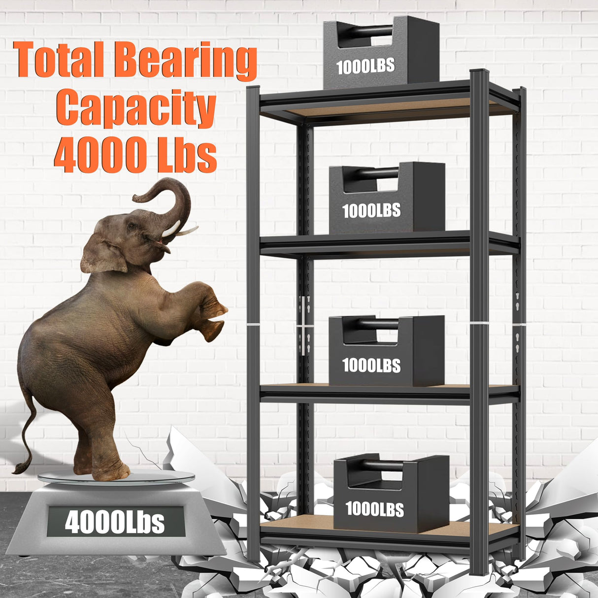 ErgoNova 4 Tier Garage Shelving Wood Storage Shelves 4000 lb Load Capacity Adjustabl Shelf Units 45.6" H*23.6" W*11.8" D Metal Shelving Suitable for Basement Warehouse Pantry,Black ErgoNova