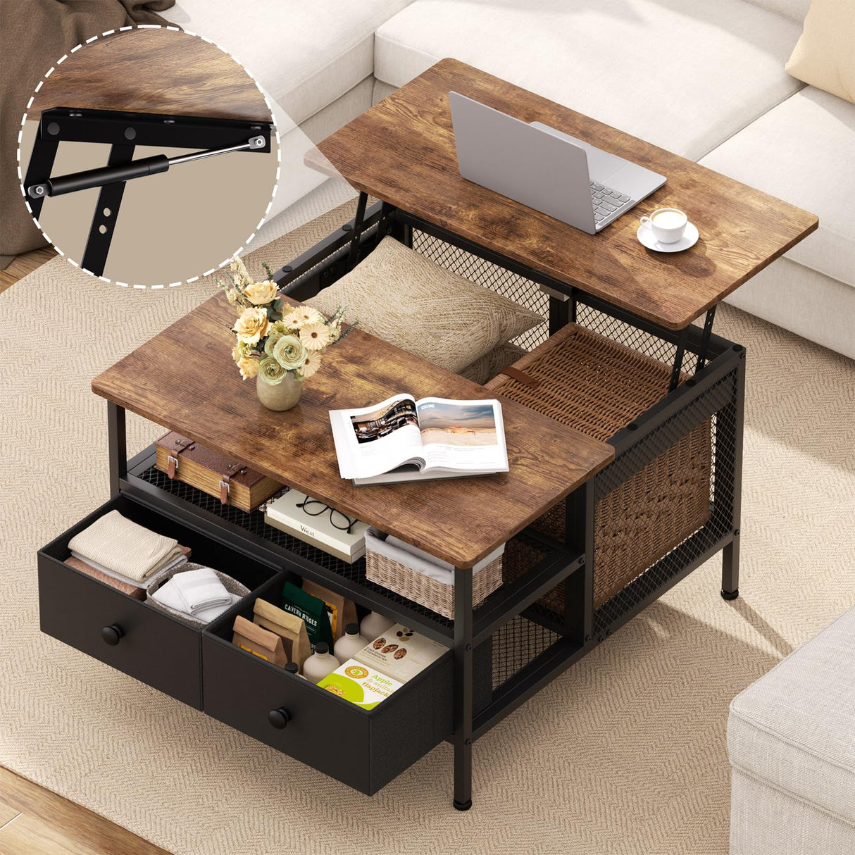FABATO Lift Top Coffee Table, Square Coffee Table Metal Wood, Farmhouse Lift Up Coffee Table Cocktail Table with Wire Mesh Barn Door and Storage, Steel Frame, Small Tea Table for Living Room, Black FABATO