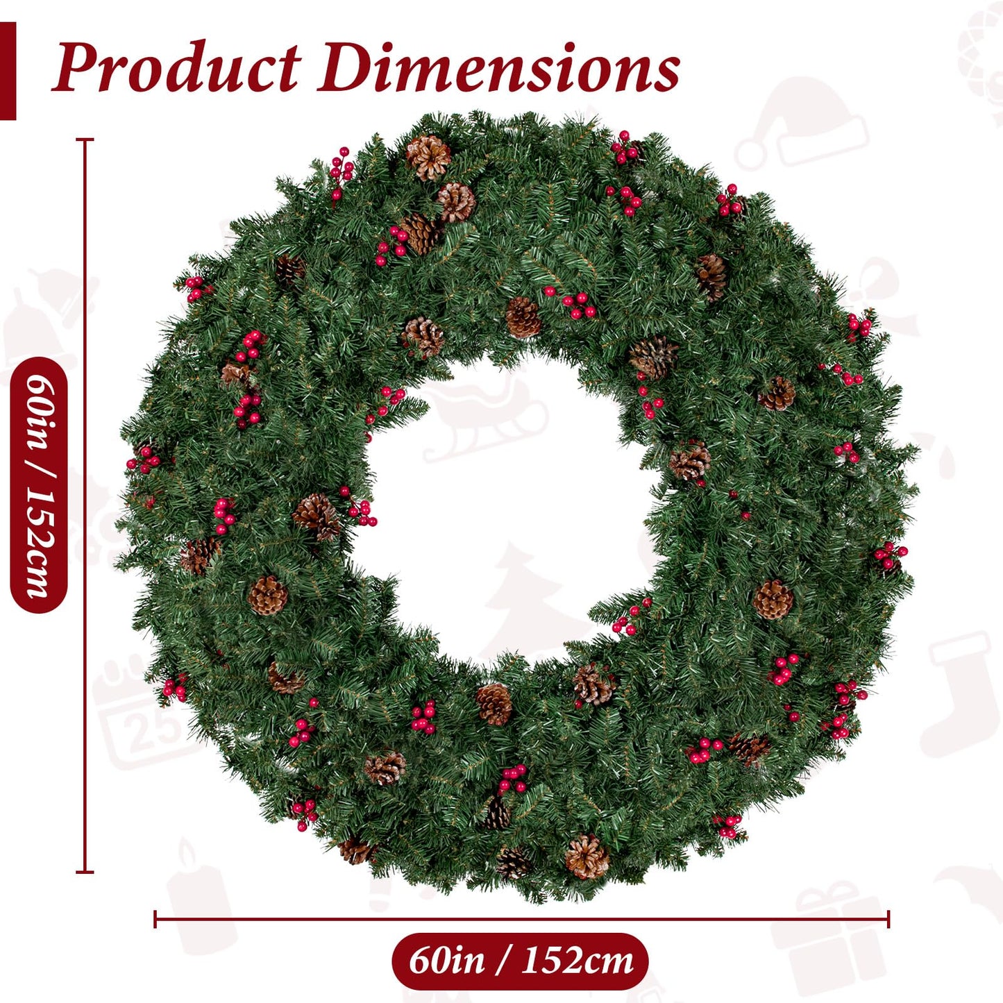 TOWPONICS 60in Large Prelit Artificial Christmas Wreath with Lights, Xmas Door Wreath Decoration with 330 LED Warm White Lights, 972 PVC Tips, Pinecones, Berries for Home Exterior, Mantel - Green