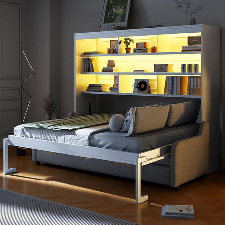 Bellemave Full Size Murphy Bed with Sofa, Cabinet Bed with Storage Shelves and LED Light, Farmhouse Murphy Cabinet with Folding Sofa, Noisy Free, for Guest Bedroom, Living Room, Office, Beige Bellemave