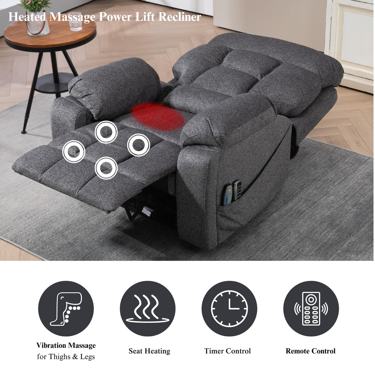 JUUXO 4-Motor Lay Flat Power Lift Recliner Chair with Heat & Massage - Power Adjustable Headrest, Backrest, Lumbar & Legrest - Big Tall Recliners, 4-Point Massage (Seat Heating) JUUXO