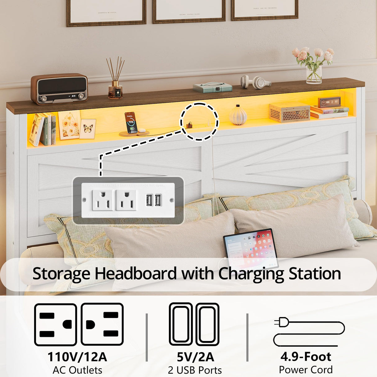 IRONCK Farmhouse Full Size Bed Frame with LED Light and Charging Station, Wood Bed Frame with Storage Headboard and 2 Drawers， Barn Door Design, Sturdy and Noiseless, White IRONCK