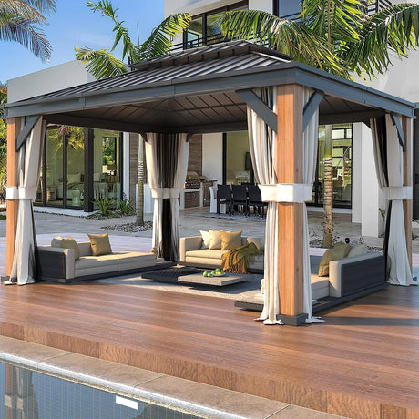 YOLENY 12'x16' Ultra-Thick Faux Wood Grain Aluminum Frame Hardtop Gazebo, Vertical Stripe Galvanized Steel Double Roof, Outdoor Patio Gazebo Pergolas with Netting and Curtains YOLENY