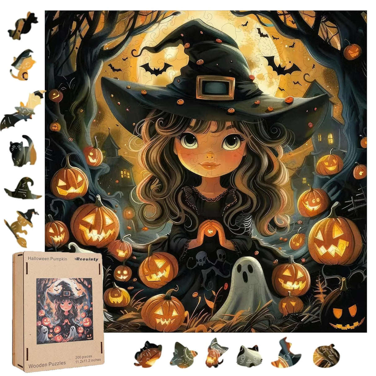 Halloween Wooden Puzzle for Adults 200pcs, Pumpkin Wooden Jigsaw Puzzles(11.3 * 14.4in), Beautiful Wooden Puzzle with Box Birthday Gifts for Adults and Kids Family Game Reouinty