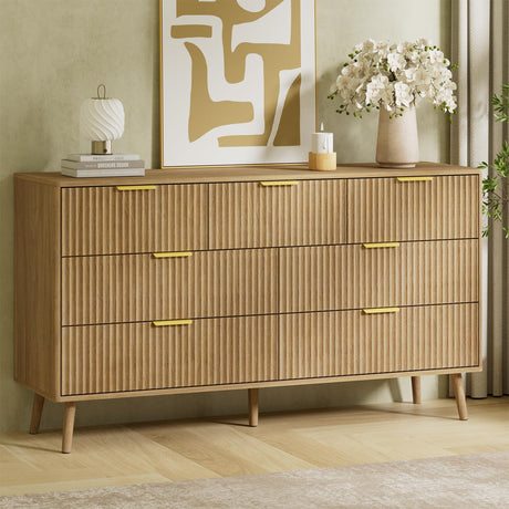 LYNSOM 55" W Fluted Dresser for Bedroom with 7 Drawer, Modern Chest of Drawers with Metal Handle and Curved Profile Design, Wood Dresser TV Stand & Storage Organizer for Living Room, Natural Oak LYNSOM