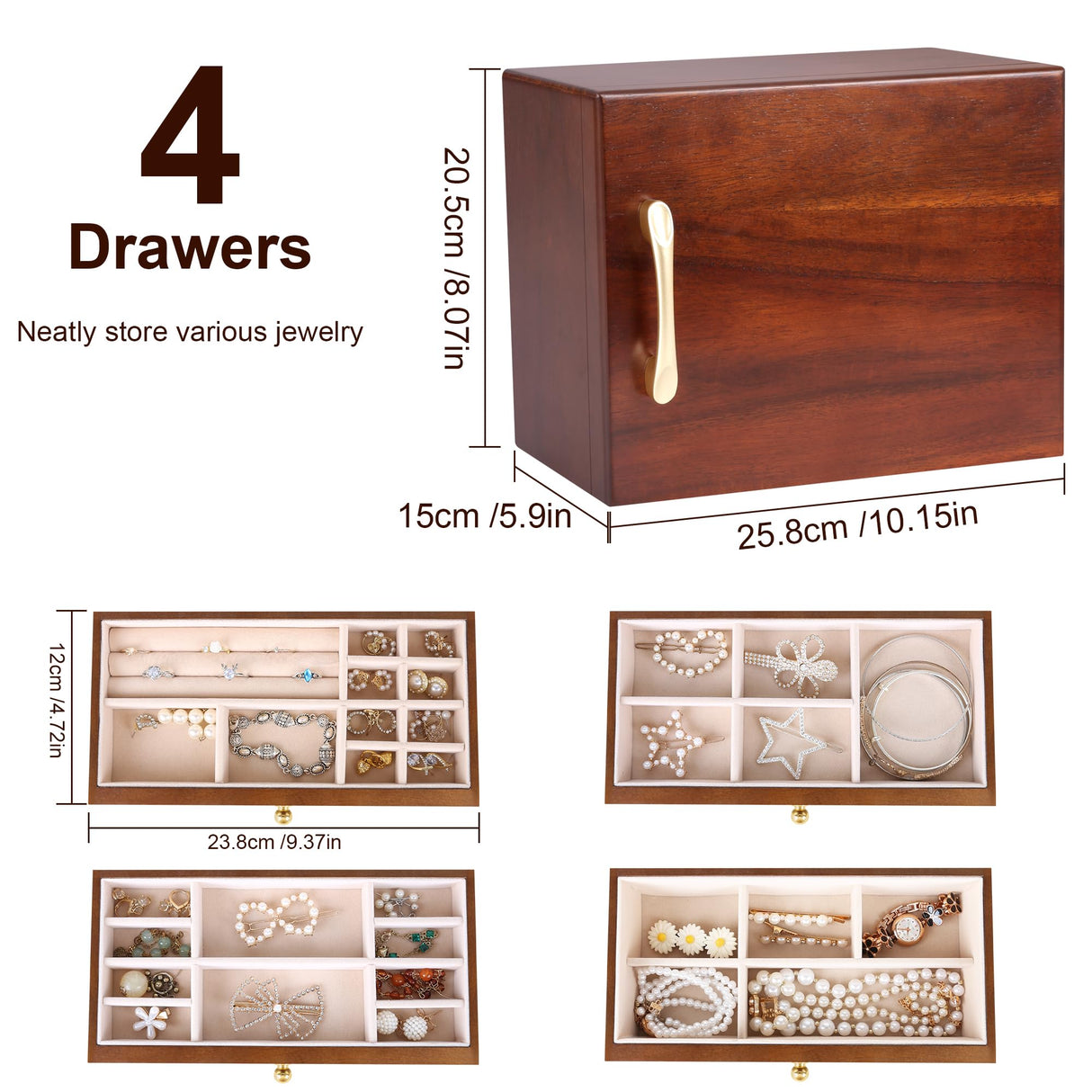 Kendal Wooden Jewelry Box for Women, Wooden Jewelry Organizer, 4-Layer Jewelry Organizer Box with Side Door, Single Door Jewelry Holder Organizer for Earrings, Necklaces, Rings Kendal