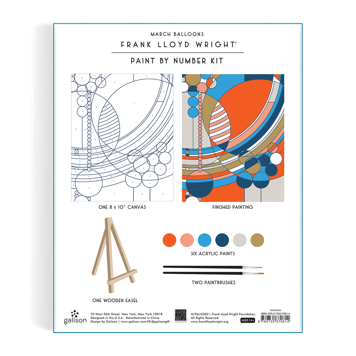 Galison Frank Lloyd Wright March Balloons Paint by Number Kit from Includes 1 Canvas (8” x 10"), 1 Wooden Easel, 2 Paint Brushes & 6 Acrylic Paints, DIY Art Kit with Stunning Design Galison