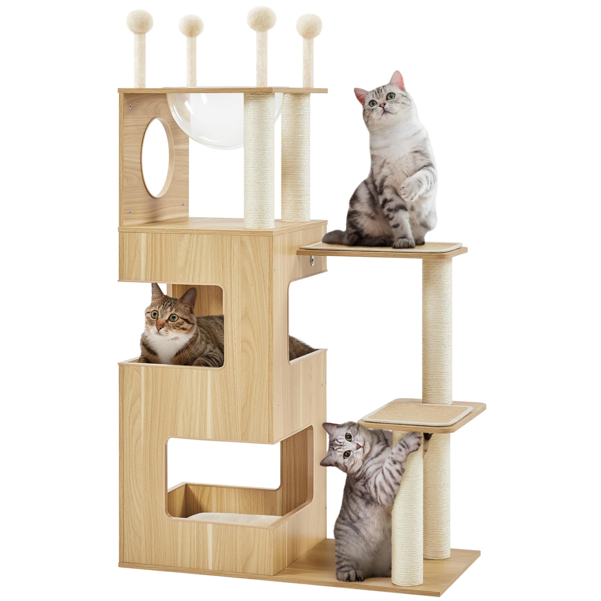 Yaheetech Wooden Cat Tree, 53in Modern Cat Tower for Indoor Cats with Scratching Posts Washable Detachable Cushion, Clear Bowl & Teasing Balls, Multi-Level Heavy Duty Cat Condo Furniture for  - WoodArtSupply