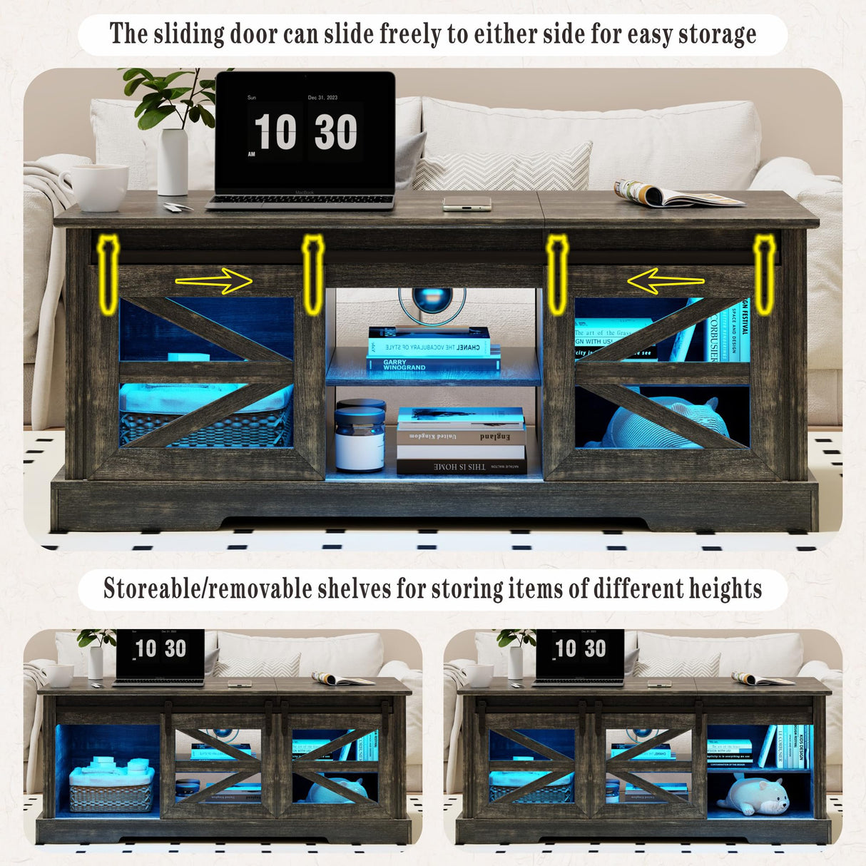 Lift Top Coffee Table with Gun Cabinet, 2 Sliding Barn Doors-Large Storage and 3 Color LED Lights fit Modern Rectangular Rustic Living Room Center Table（Dark Oak） HWB