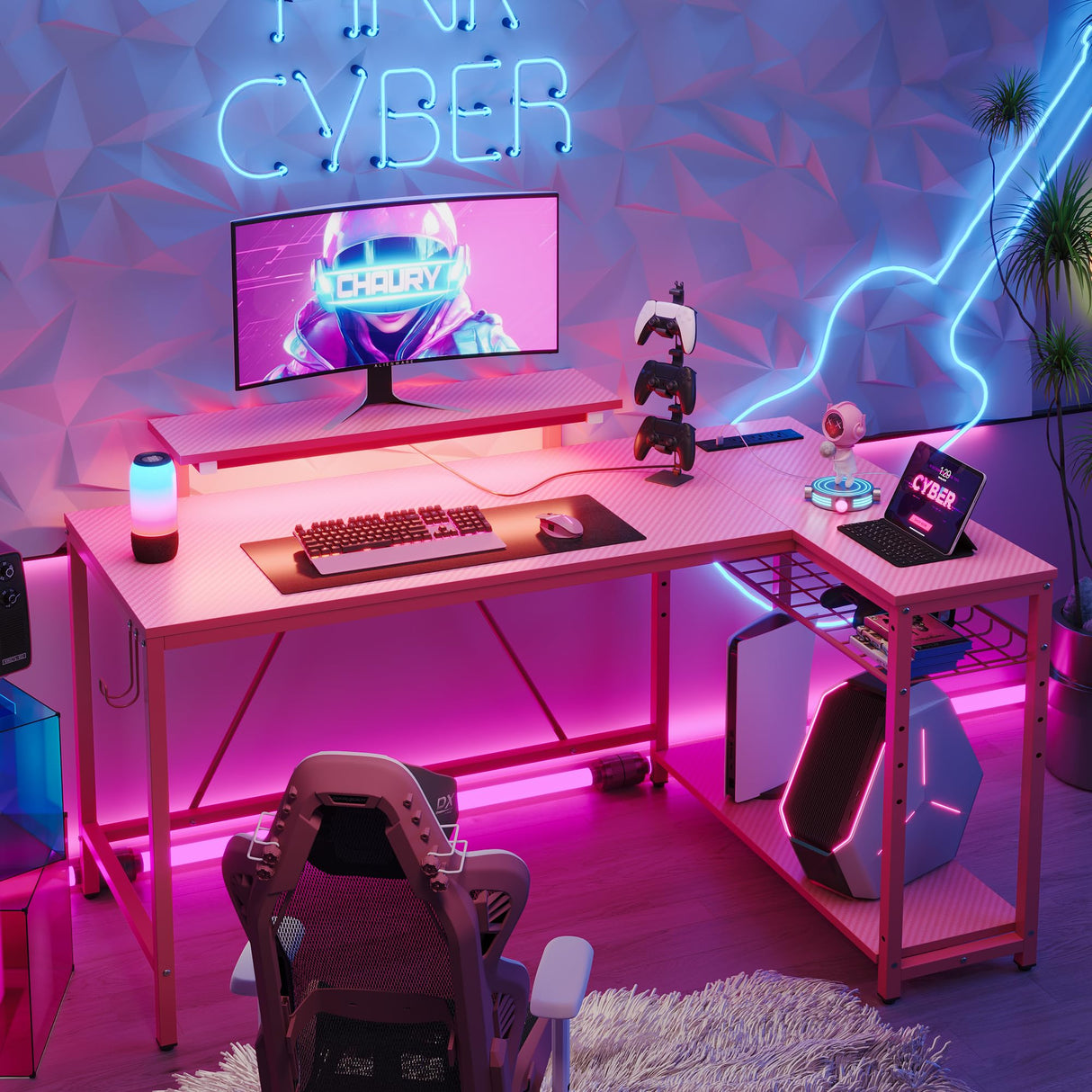 Bestier 52" Gaming Desk with Integrated Power Outlet & USB Ports, L-Shaped Computer Desk with LED Strip & Headphone Hooks, Perfect for Home Office Pink Bestier