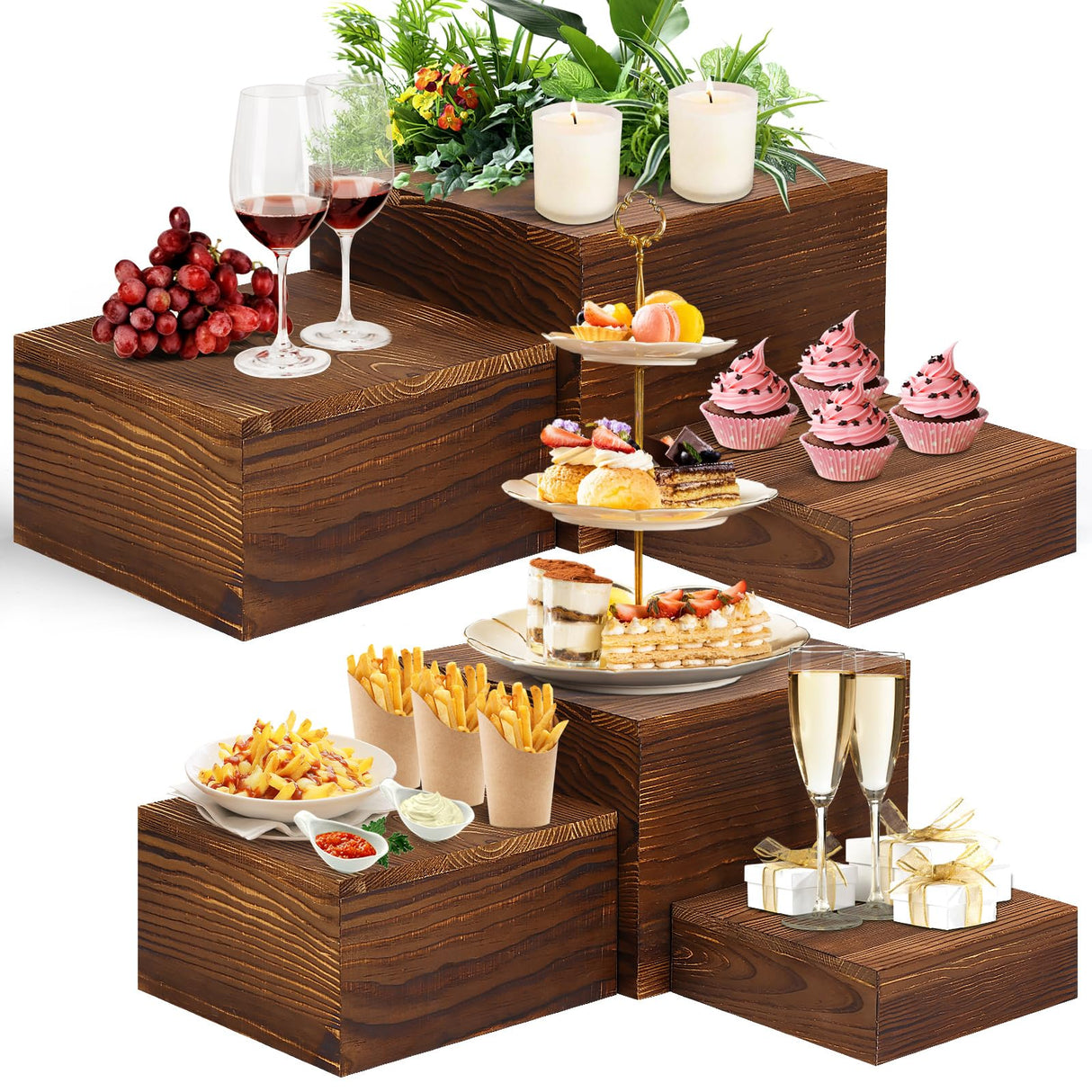 6 Pack Wooden Risers Display Stands Square Buffet Risers for Party Wood Cake Stands Rustic Cupcake Stands Wooden Crates for Display Wood Risers for Decor Wooden Food Display Risers Nesting Risers LEIFEOSH