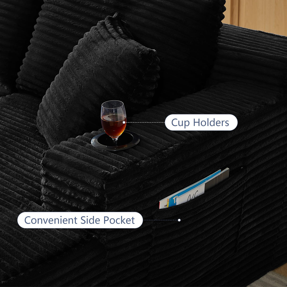 GNIXUU 133.5" Black Corduroy Boneless Sectional Couches for Living Room, Oversized Memory Foam U Shaped Cloud Modular Sectional Sofa with Deep Seat, Cup Holders & Storage Pocket, No Assembly Required GNIXUU
