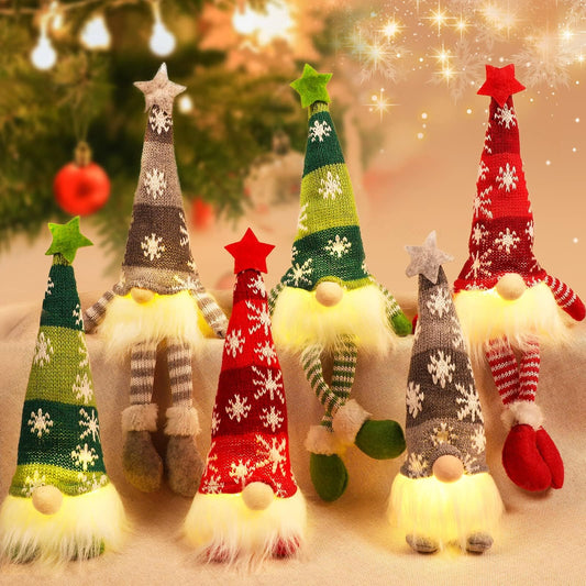 HINZER 6 Pack Gnomes Christmas Decorations 13.7" Lighted Swedish Tomte Xmas Gnome Plush Elf Doll Scandinavian Santa Christmas Ornaments Holiday Indoor Home Tabletop Decorations Gifts, Red Green Gray