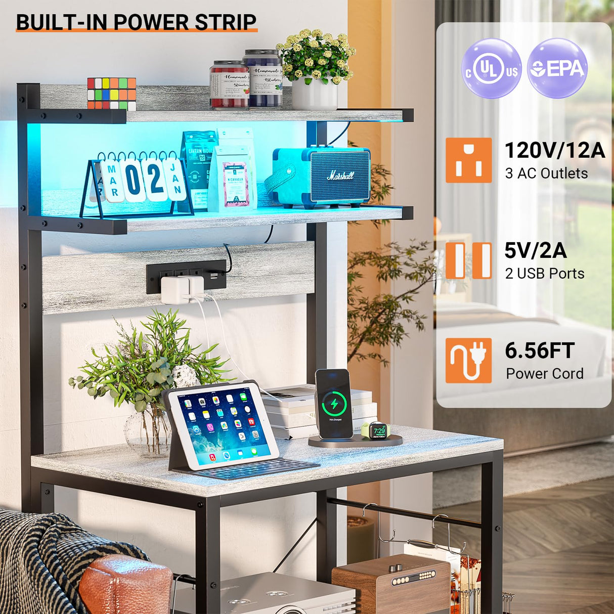 Aheaplus Bakers Rack with Power Outlet, Microwave Stand, 5 Tiers Coffee Bar Station with Led Lights, Kitchen Storage Shelf with 6 S-Shaped Hooks, Kitchen Rack for Spices, Pots and Pans, White Oak Aheaplus