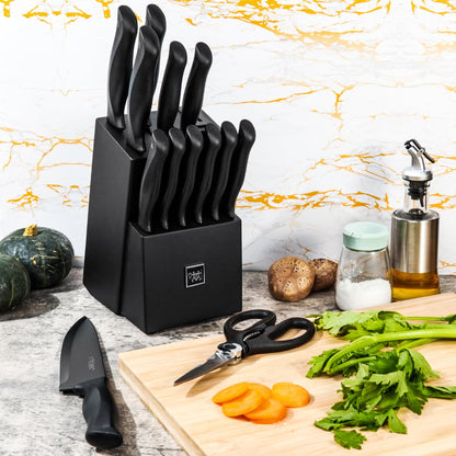 Knife Set, HUNTER.DUAL 15 Pcs Kitchen Knife Set with Block Self Sharpening, Dishwasher Safe, Anti-slip Handle, Black