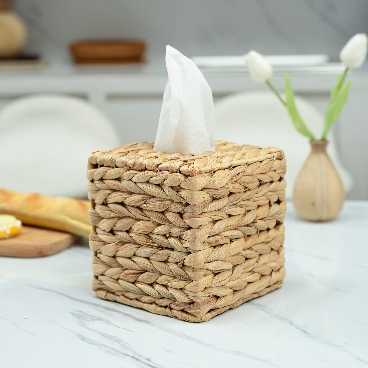 KOLWOVEN Tissue Box Holder - Tissue Box Cover Square- Wicker Tissues Cube Box Cover -Boho Decorative Woven Facial Tissue Holder on Table and Bathroom (Square) KOLWOVEN
