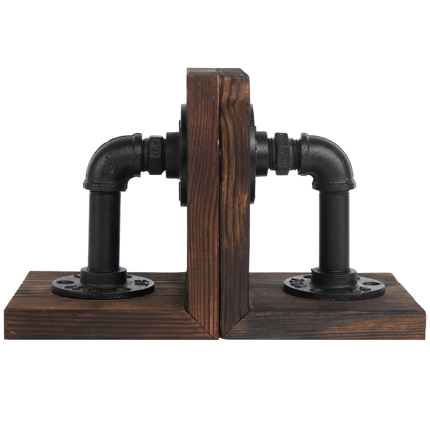 MyGift Dark Brown Industrial Pipe & Rustic Wood Bookends, Set of 2