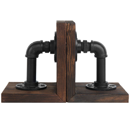 MyGift Dark Brown Industrial Pipe & Rustic Wood Bookends, Set of 2