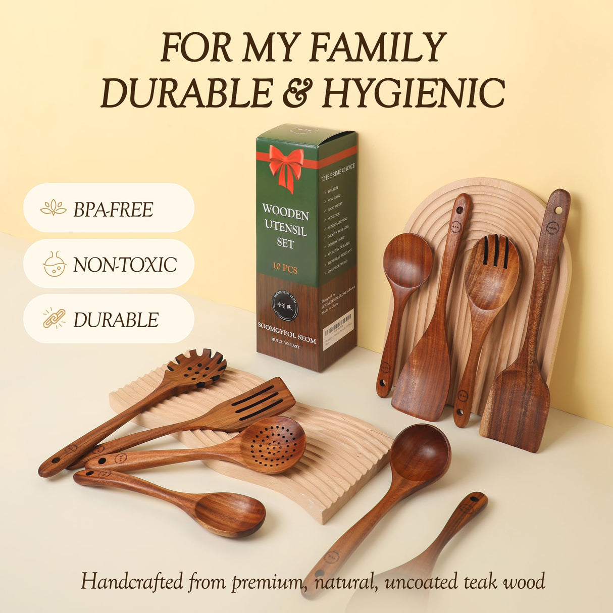 Wooden Spoons for Cooking - 10 Pcs Teak Wood Cookware Utensil Set with Smooth Finish - Non-Stick, Comfortable Grip - Durable, Heat Resistant Kitchen Utensils SOOMGYEOL SEOM