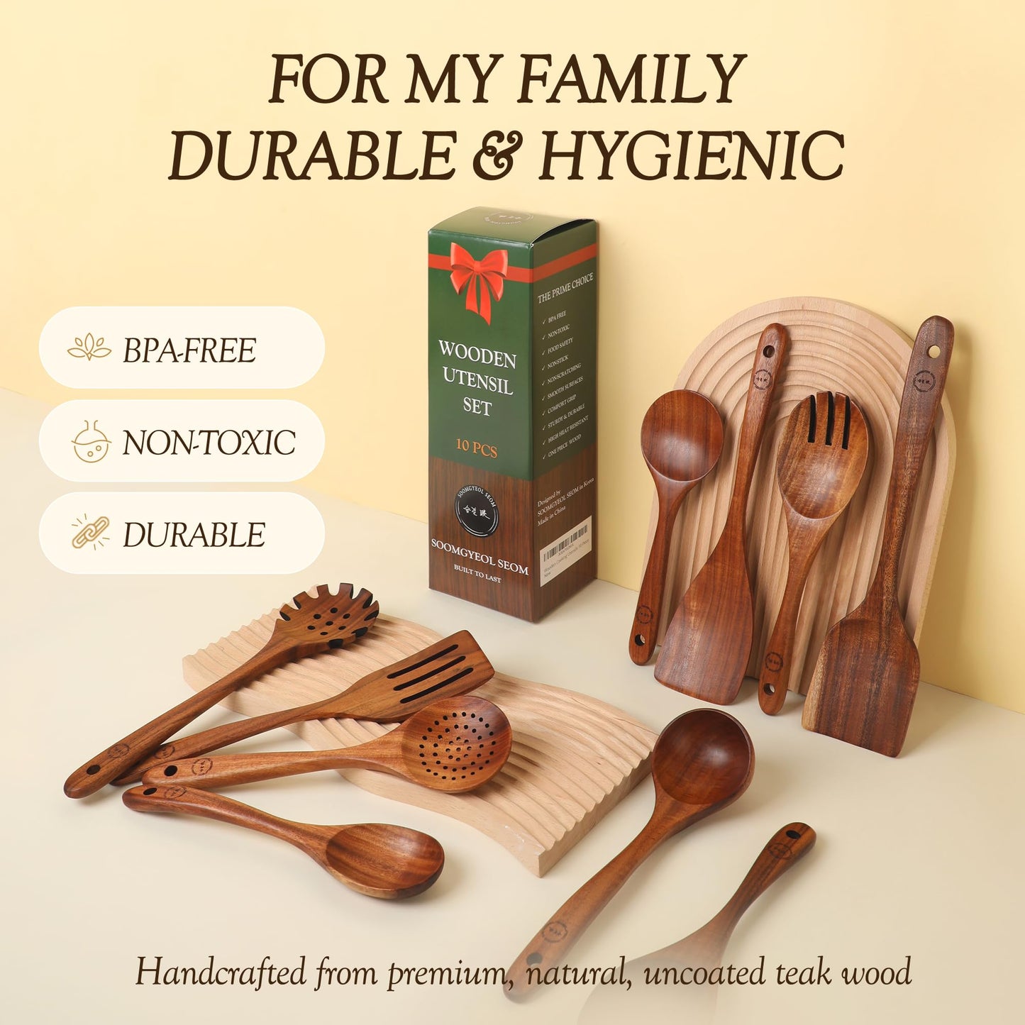 Wooden Spoons for Cooking - 10 Pcs Teak Wood Cookware Utensil Set with Smooth Finish - Non-Stick, Comfortable Grip - Durable, Heat Resistant Kitchen Utensils