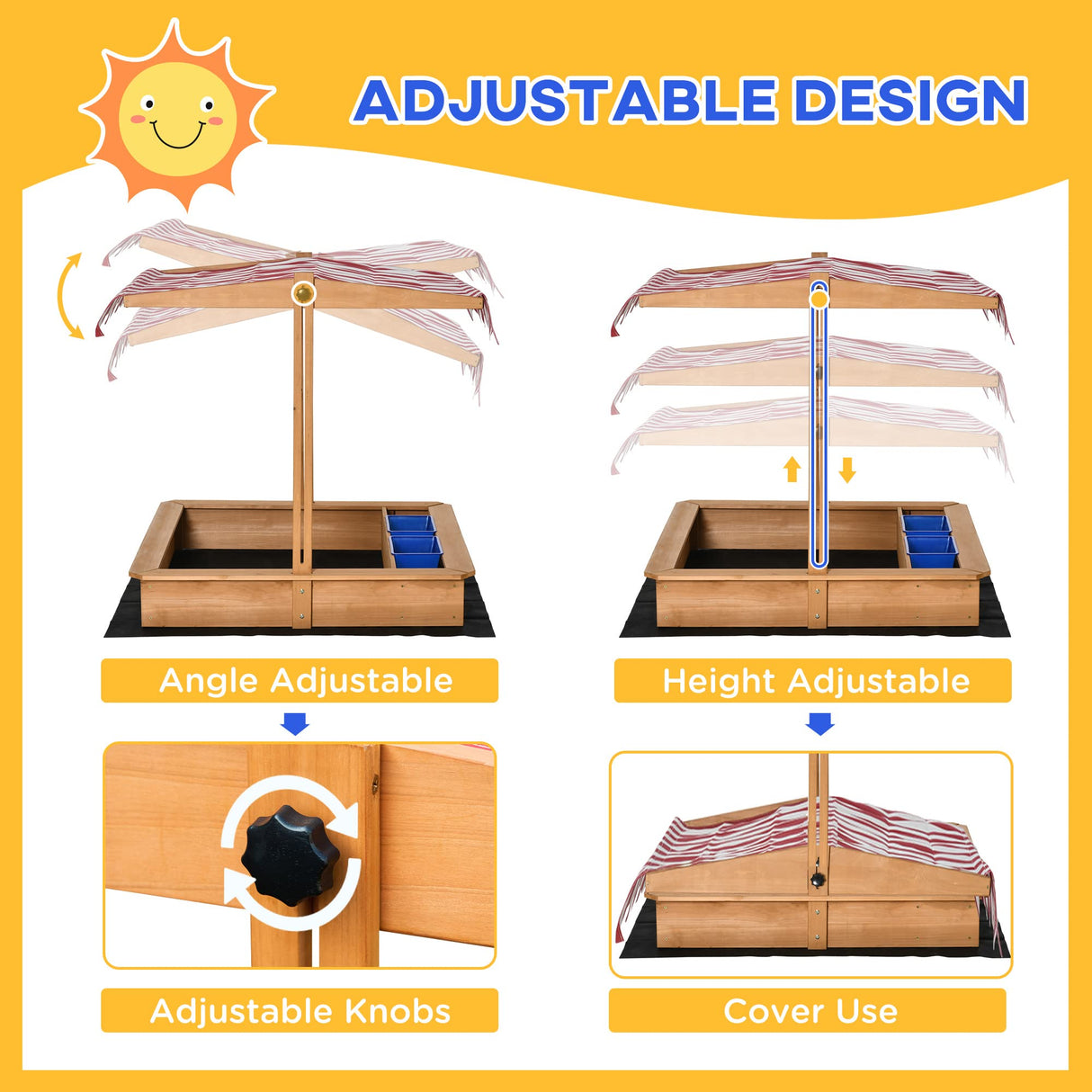 Outsunny Kids Wooden Sandbox with Adjustable Height Cover and Toy Bin Storage, Children Sand Play Station Outdoor,Bottom Liner, for Backyard, Ages 3-7 Outsunny