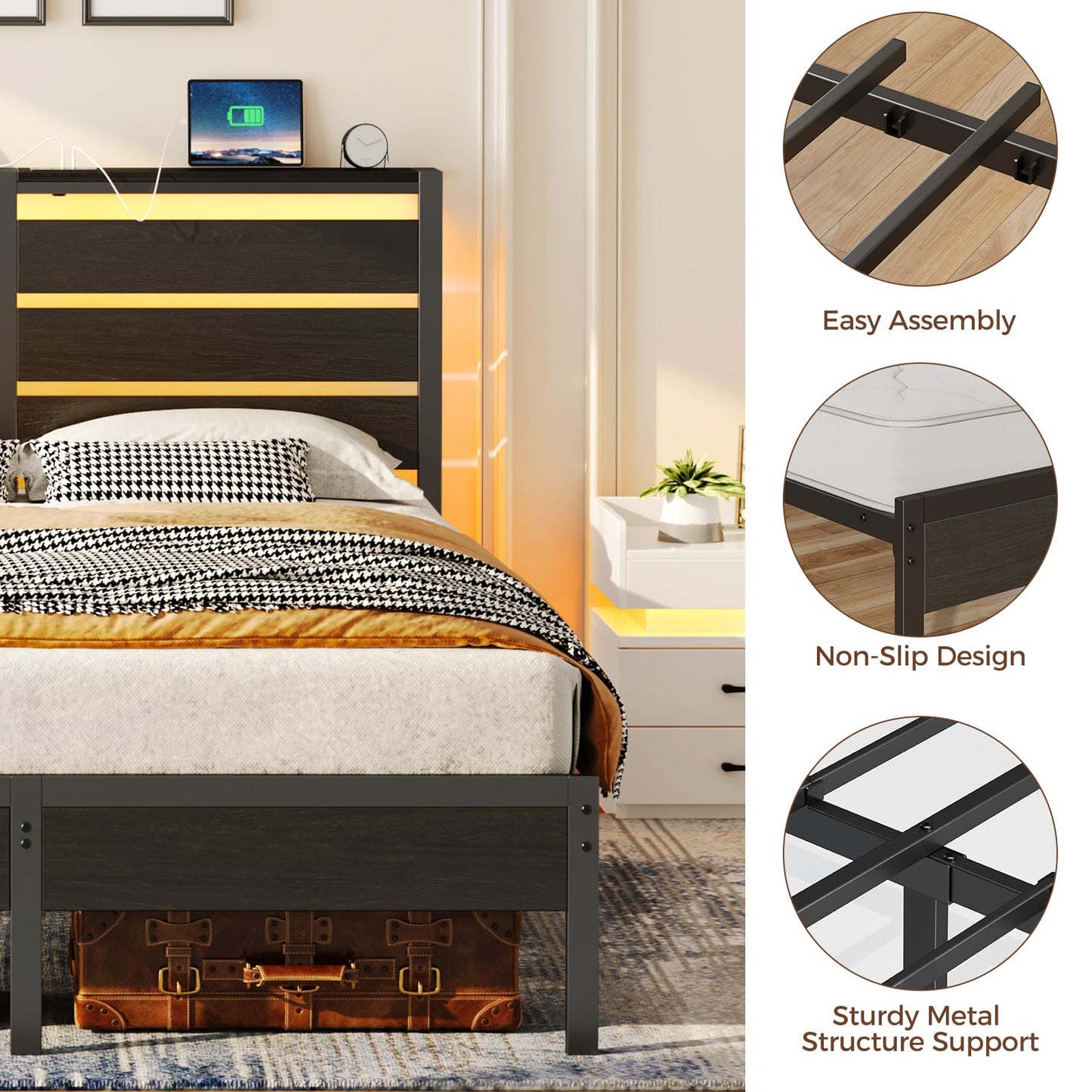 Rolanstar Bed Frame Full Size with USB Charging Station, LED Bed Frame with Wood Storage Headboard, Black Metal Platform Bed with Under Bed Storage, No Box Spring Needed, Noise Free