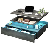 DWVO LED Lift Top Coffee Tables for Living Room, Rectangular Coffee Table with 4 Spacious Drawers, Modern Center Table with Lifting Top for Home Decor, Grey DWVO