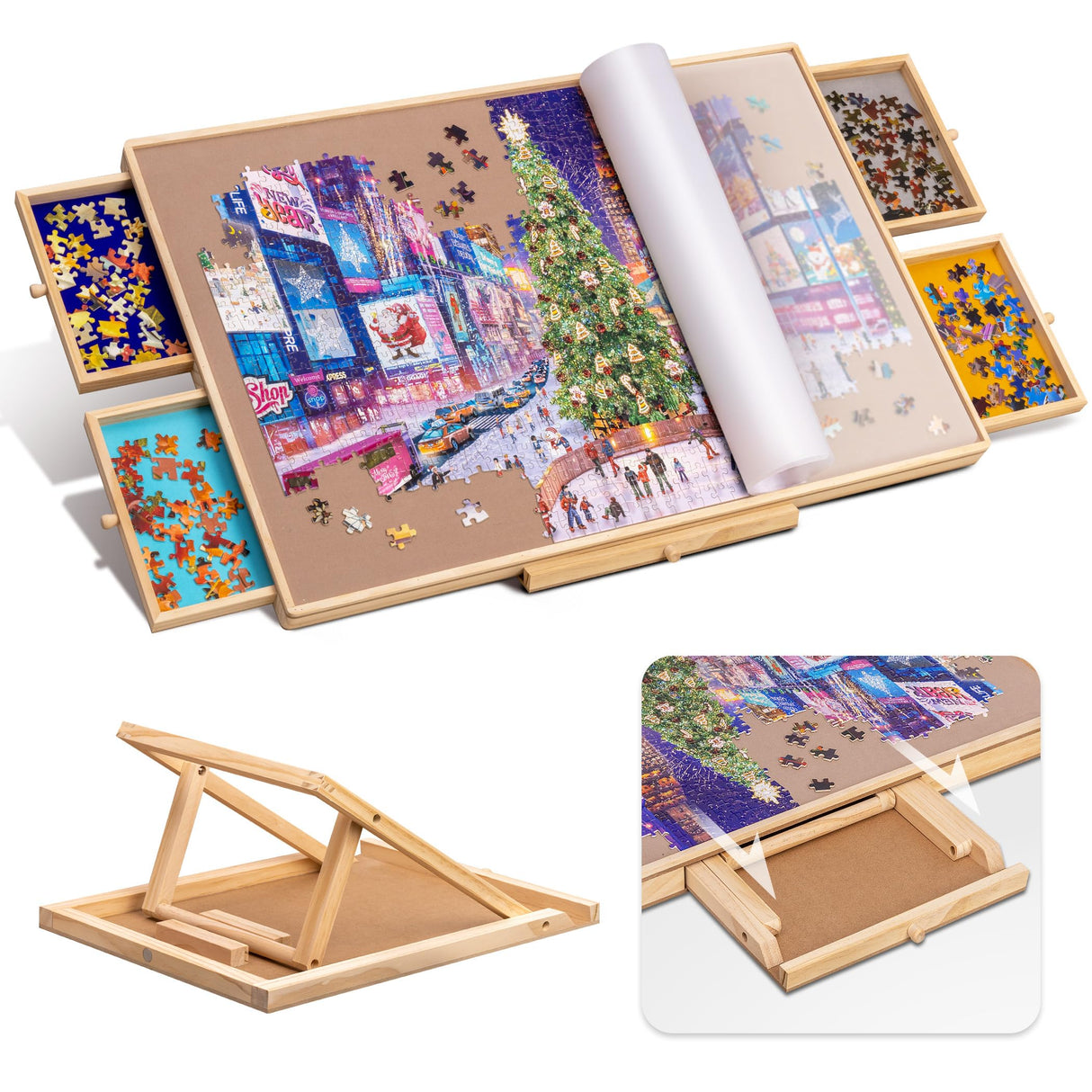 Tektalk Jigsaw Puzzle Table with Integrated Adjustable Stand/Bracket and Removable Cover, 3-Tilting-Angle Wooden Plateau Portable Puzzle Board with 4 Sorting Drawers, for Up to 1000 Pieces Tektalk