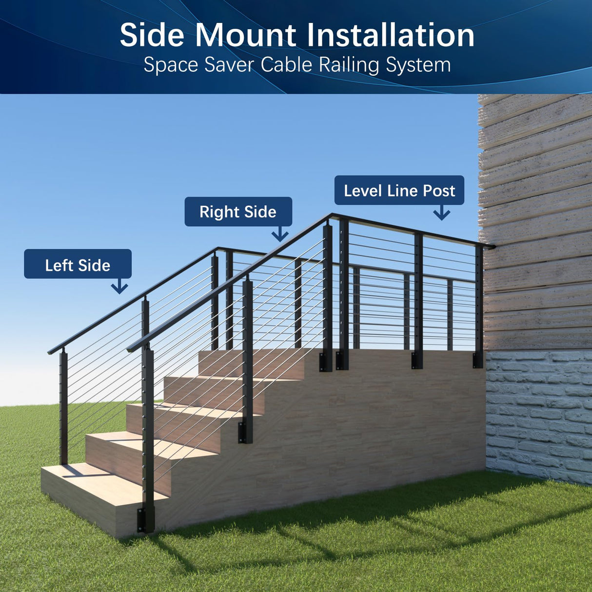 Gyykzz Side Mount Cable Railing Post 36" (Post Body 44"), Level Drilled Space-Saving Rail Post with 11 Holes, Stainless Steel Fascia Mount Cable Railing Kit System, Black Indoor Outdoor Deck Post Gyykzz