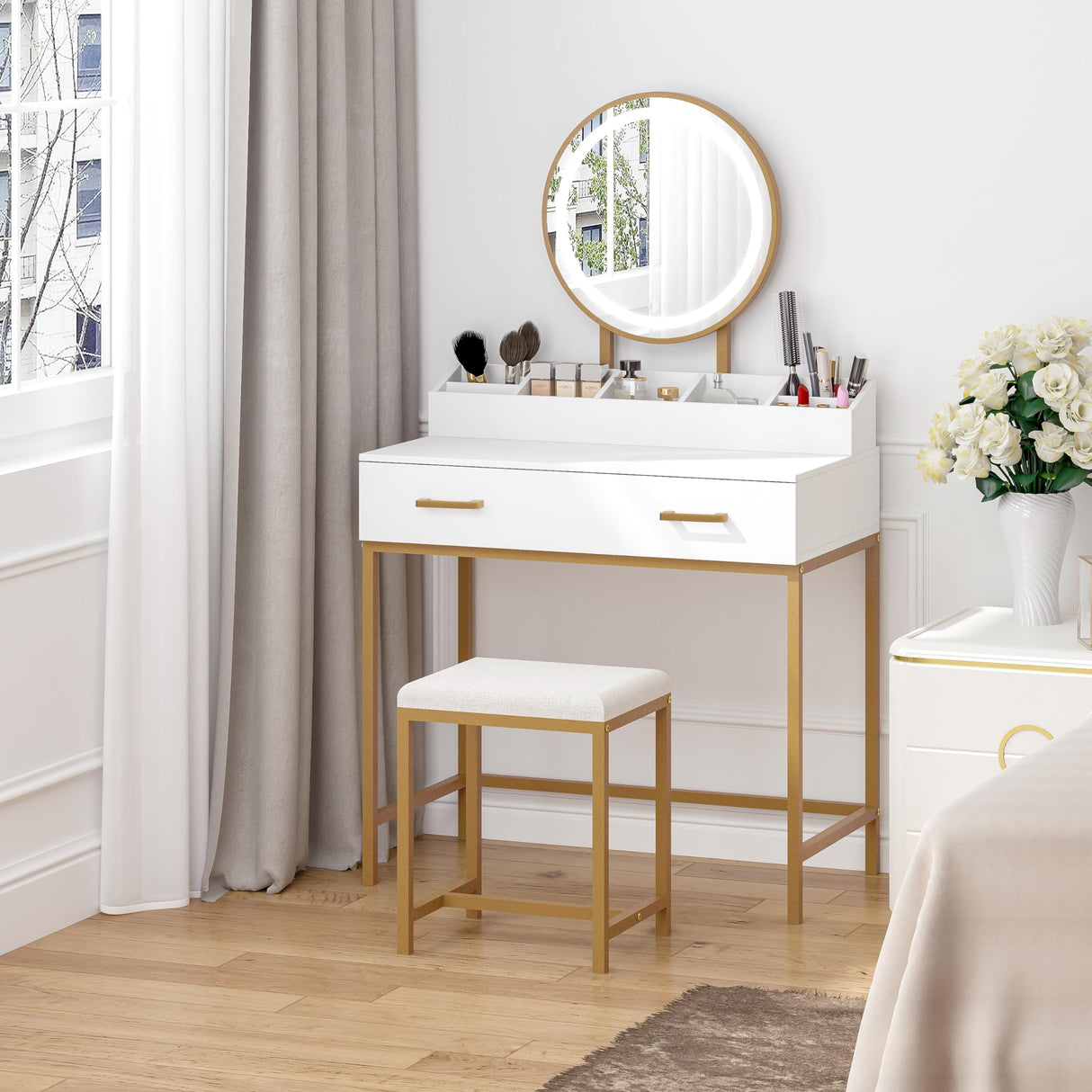 UTEX Makeup Vanity Desk with Mirror and Lights, Makeup Vanity Set with Drawers, Small Makeup Vanity Table, 3 Lighting Modes Dresser Desk and Cushioned Stool Set for Bedroom White and Gold UTEX