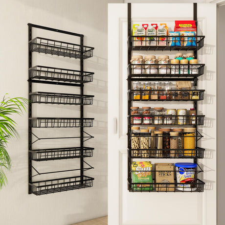 Mefirt Over The Door Pantry Organizer, Pantry Storage and Organization, 6-Tier Adjustable Hanging Baskets, Metal Wall Mount Spice Rack Seasoning Shelves for Home & Kitchen, Laundry Bathroom - Black Mefirt