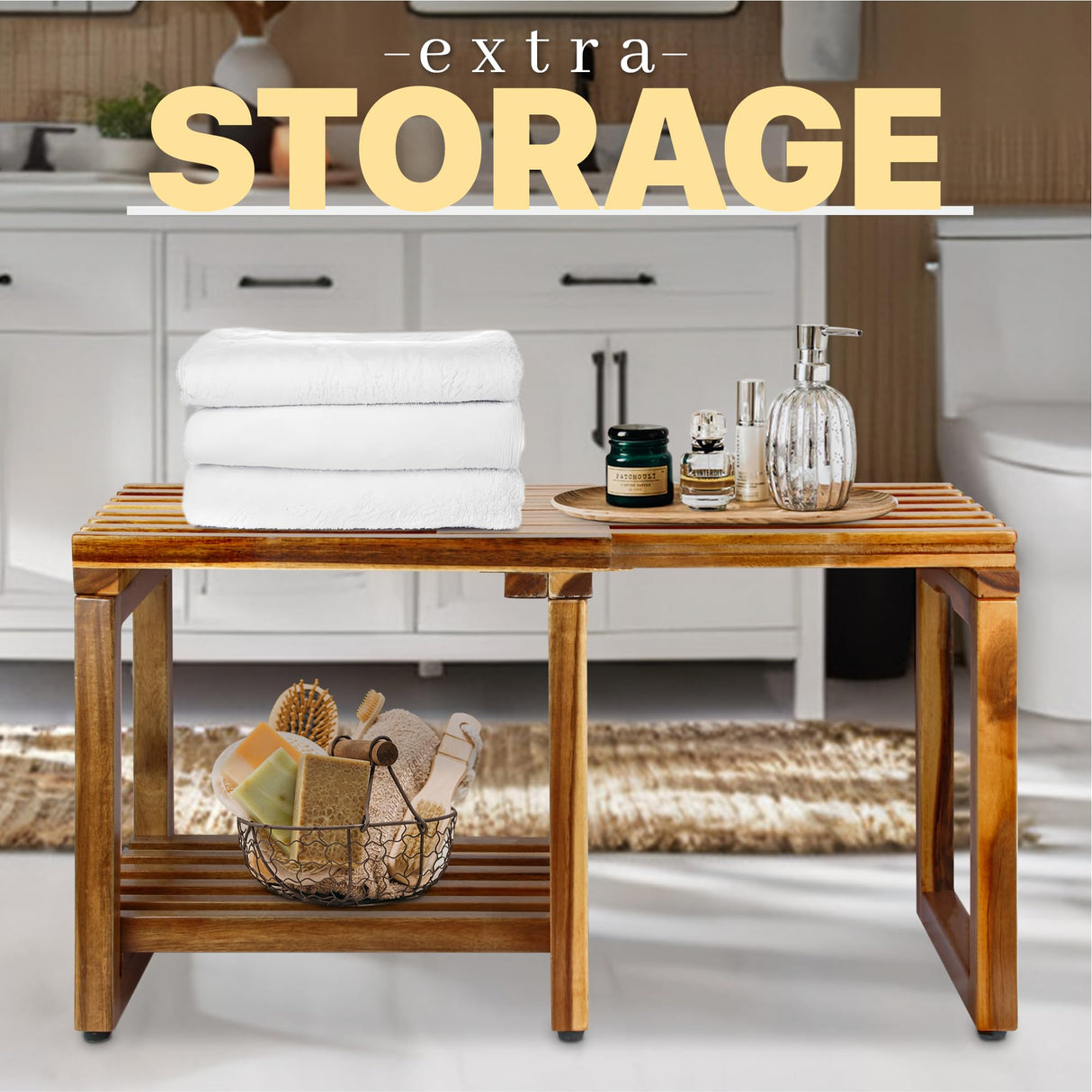 SENSUNIQ Acacia Adjustable Length Shower Stool, 29.5 in Transfer Bench with Storage Shelf, Inside Shower Stool for Shaving Legs, Bath Seat in Bathroom, Inside Shower for Adults Seniors Elderly SENSUNIQ