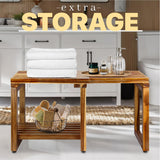 SENSUNIQ Acacia Adjustable Length Shower Stool, 29.5 in Transfer Bench with Storage Shelf, Inside Shower Stool for Shaving Legs, Bath Seat in Bathroom, Inside Shower for Adults Seniors Elderly SENSUNIQ